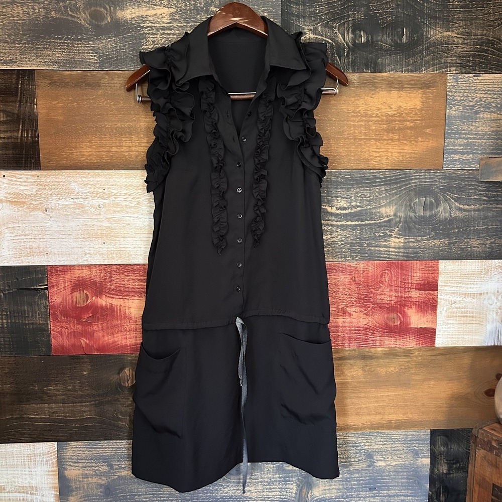 Cop Copine Womens Ruffled Sleeveless Dress Size 36 Black Midi Drawstring Pocket